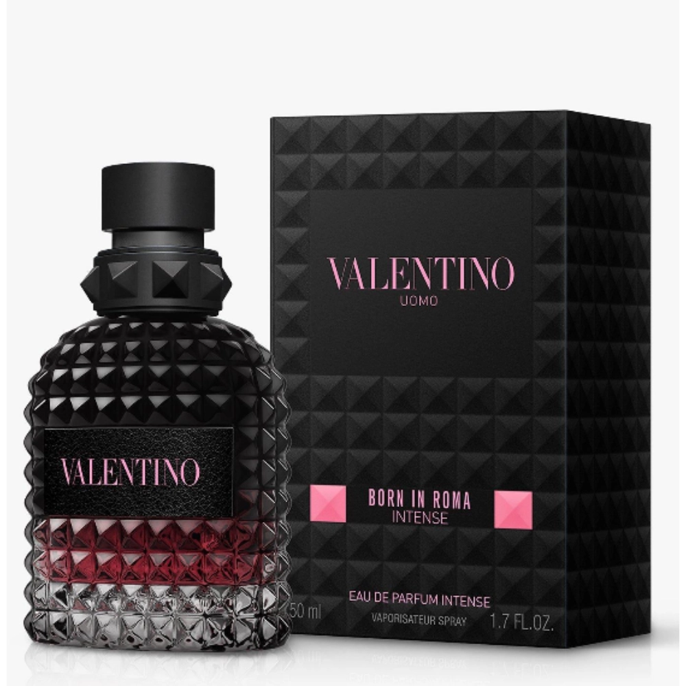 Uomo Intense perfume black red studded bottle and box 100ml