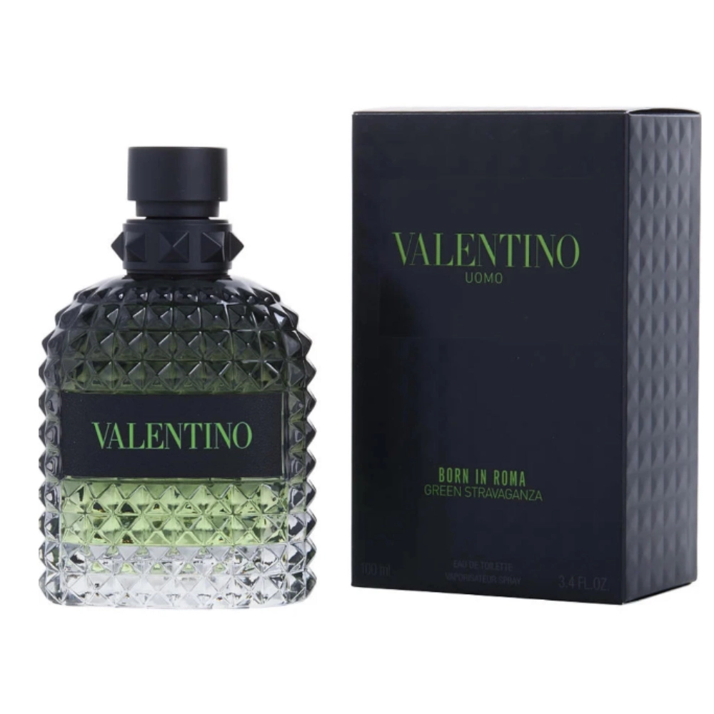 Uomo Born in Roma Green Stravaganza EDT 100ml white background black green studded men perfume bottle