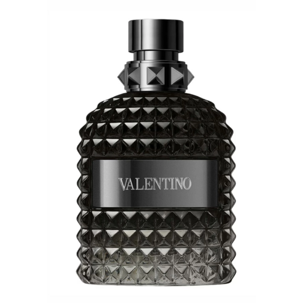 Uomo Intense Eau de Parfum 100ml white background black red studded women perfume bottle