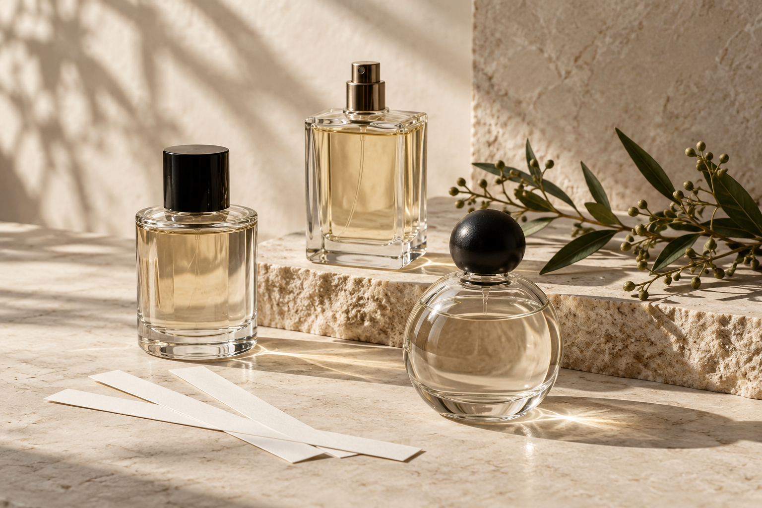 Perfume glass vessels and scent strips in soft light on pale stone