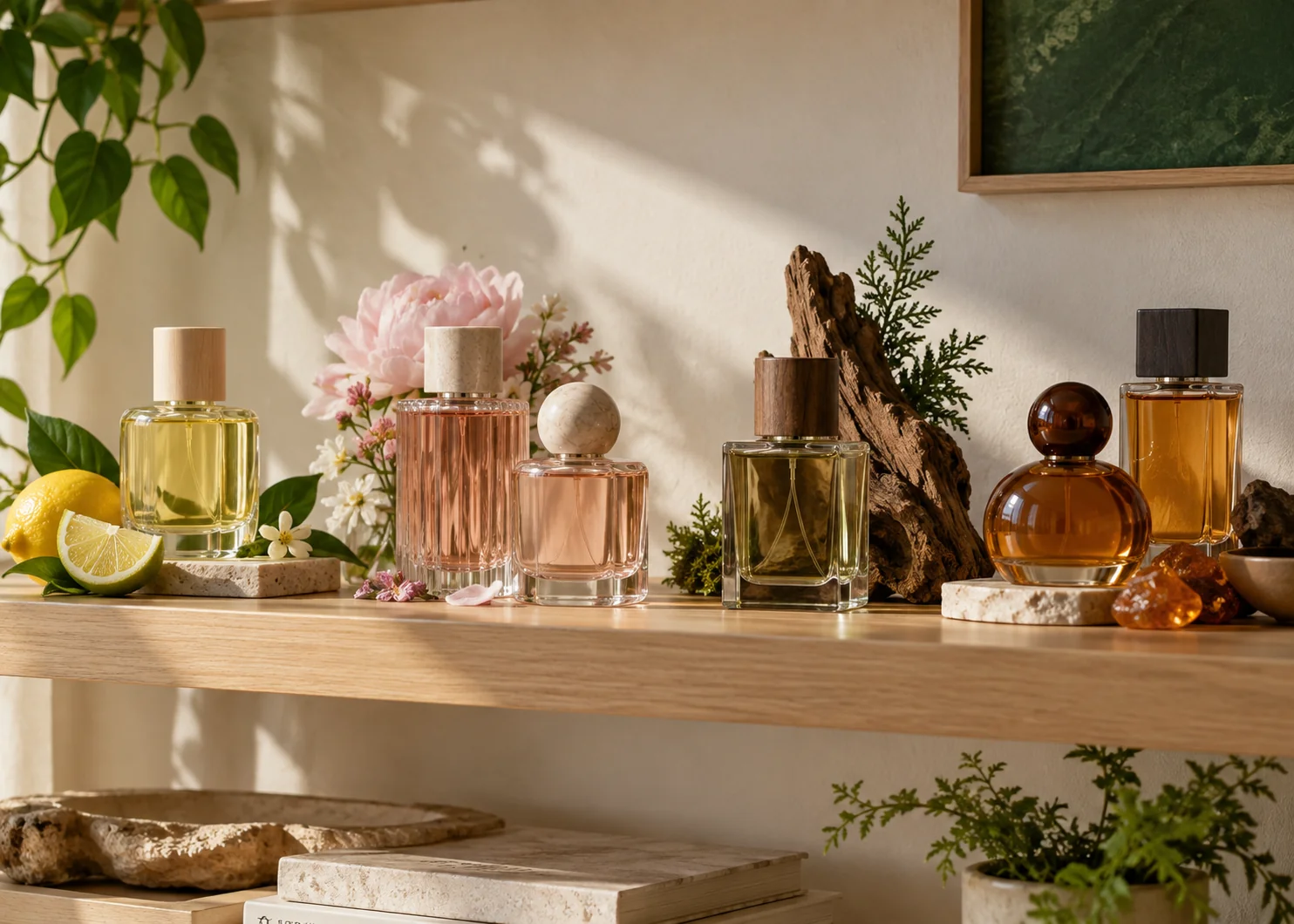 A small assortment of unbranded fragrance bottles arranged on a shelf.