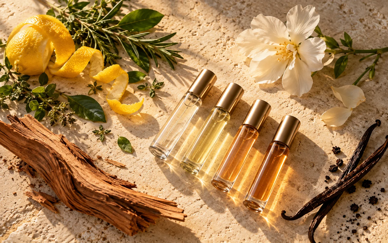 Four botanical groupings representing fresh, floral, woody and warm fragrance directions.