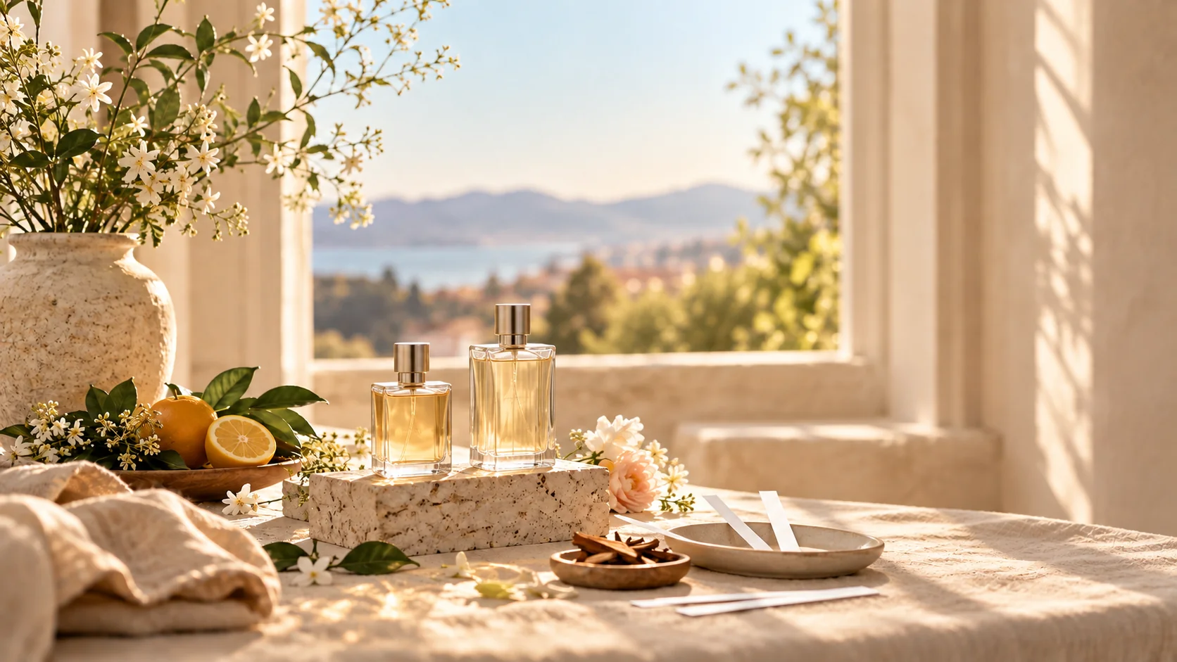 A sunlit fragrance sampling scene with unbranded bottles and fresh botanical accents.