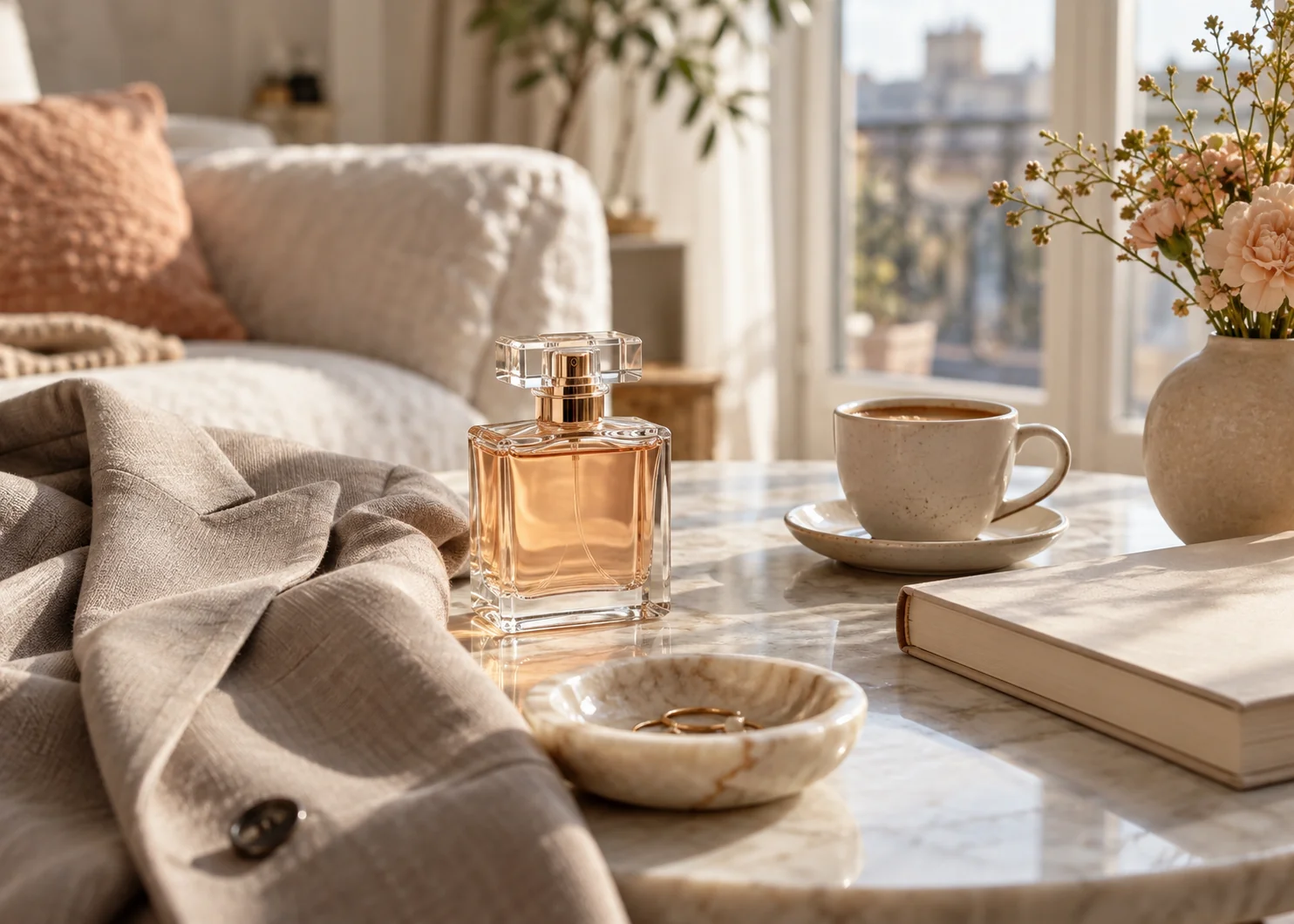 An everyday fragrance beside clothing and personal items, suggesting a thoughtful morning routine.