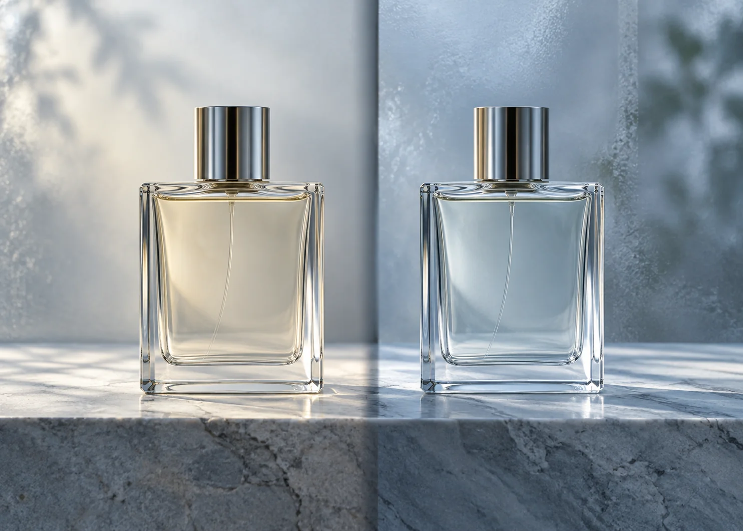 Two unbranded perfume bottles presented side by side for a discussion of concentration labels.