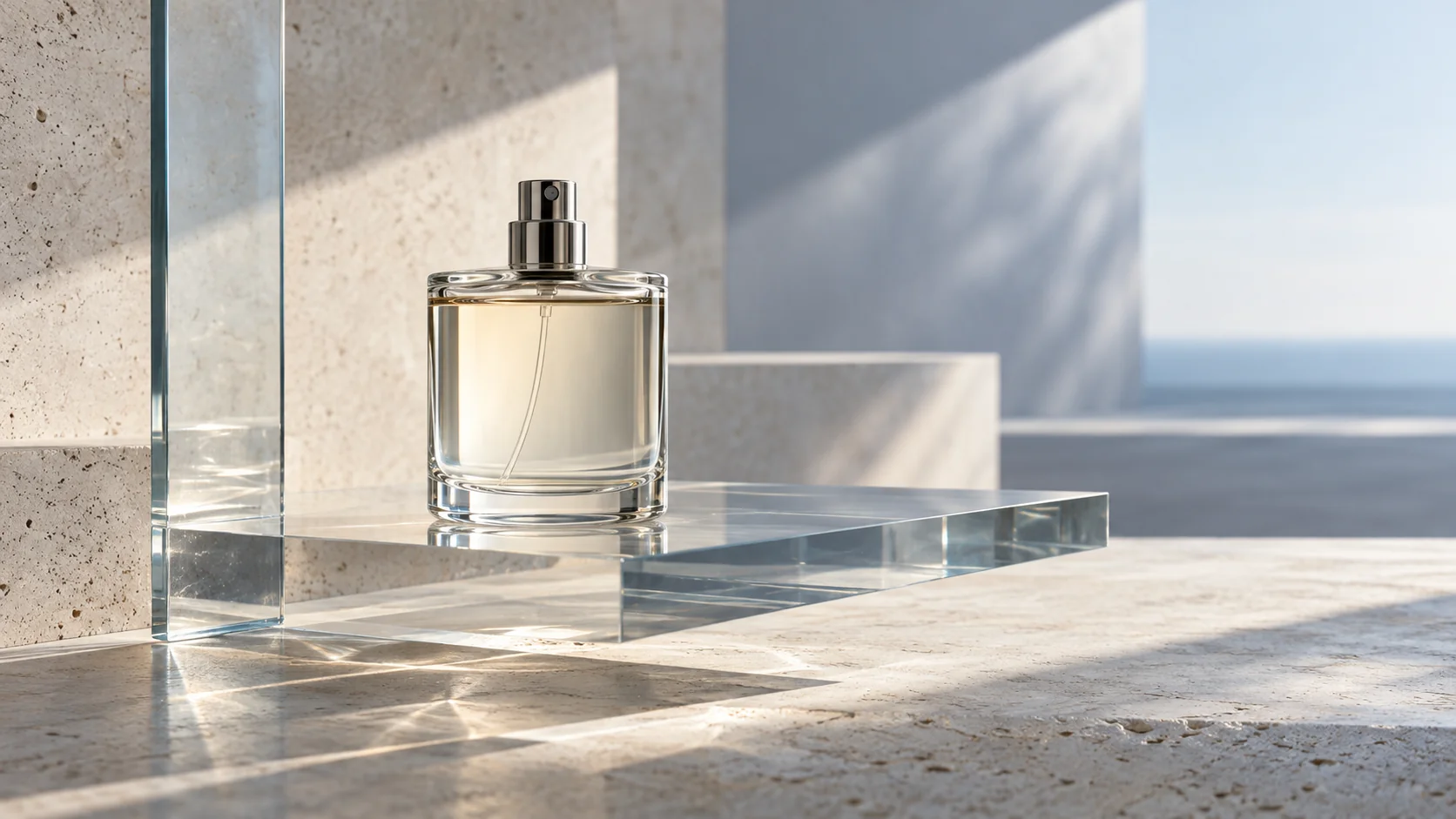 Transparent perfume bottle and layered glass planes illustrating how fragrance is experienced over time.