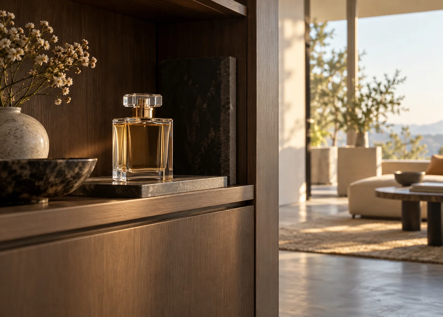 A perfume bottle stored away from direct sunlight in a shaded interior.