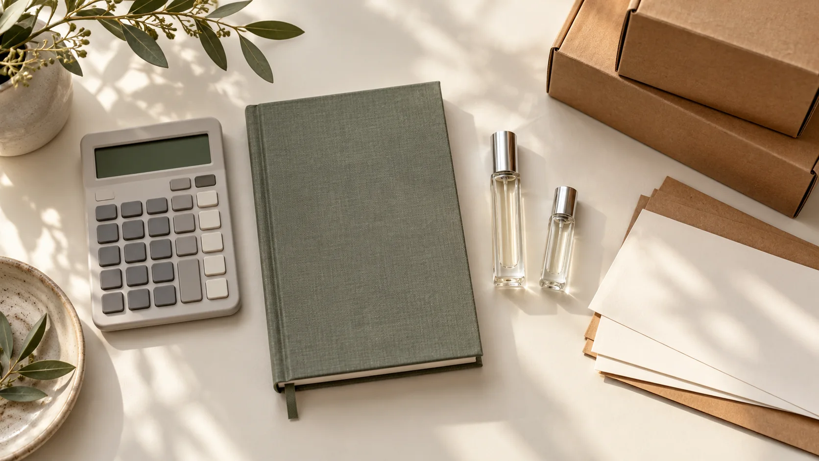 Generic fragrance bottles, packaging, a calculator and a blank ledger arranged for cash planning.