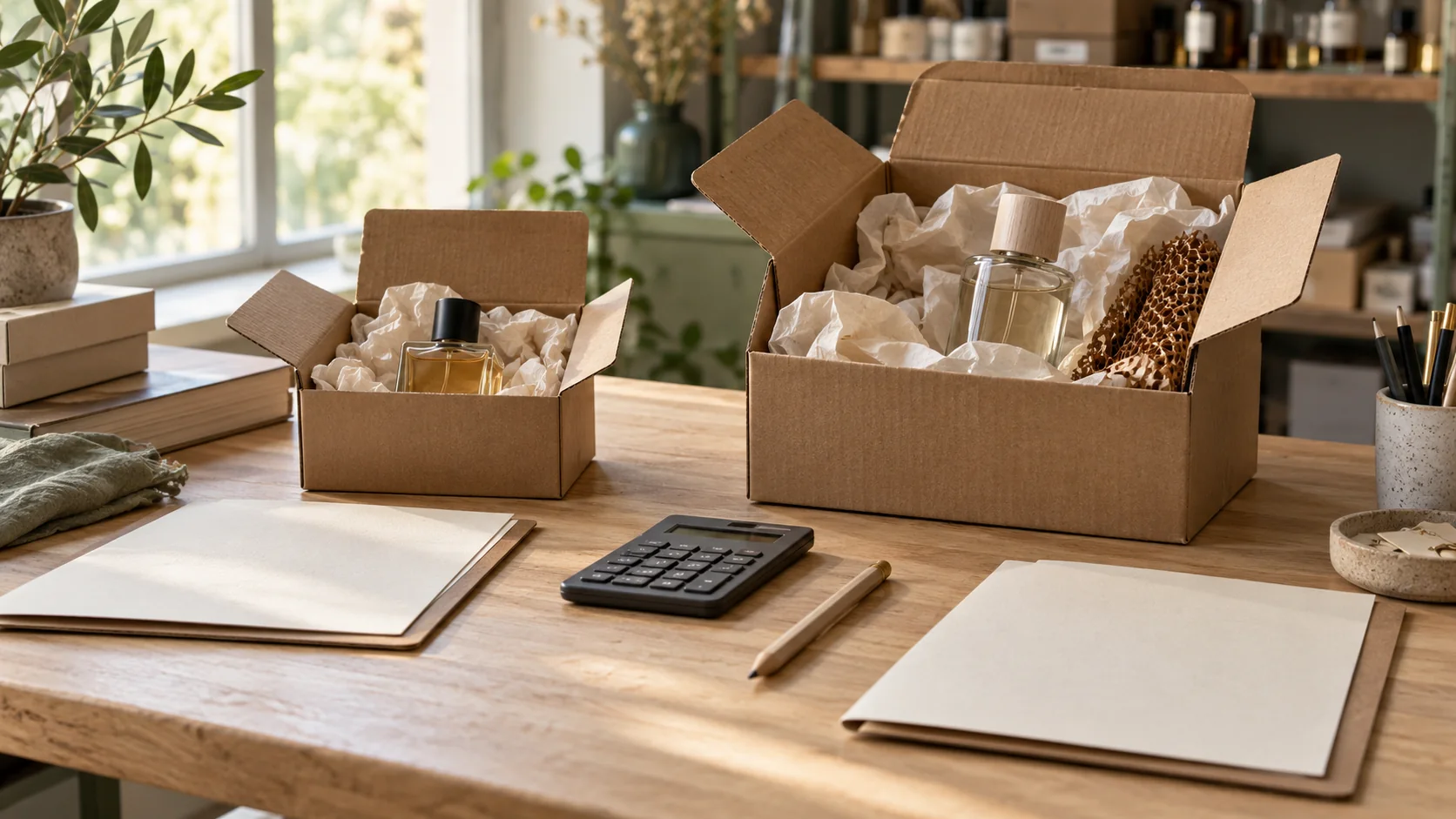 Two generic fragrance sample parcels of different sizes beside quotation folders and a calculator.