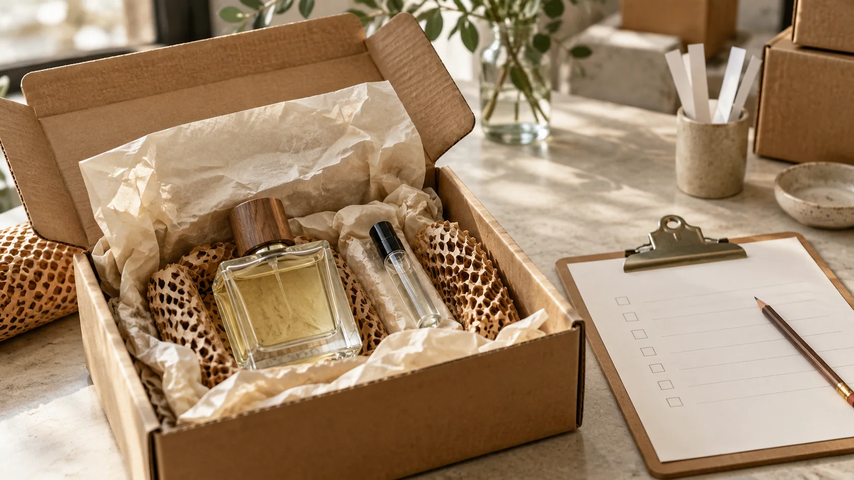 An opened sample parcel with an unbranded fragrance bottle, packing materials and a blank receiving checklist.
